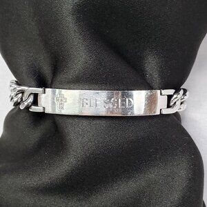 Mens Christian Blessed Cross Bracelet Engraved Stainless Steel Cuban Chain 8.25"